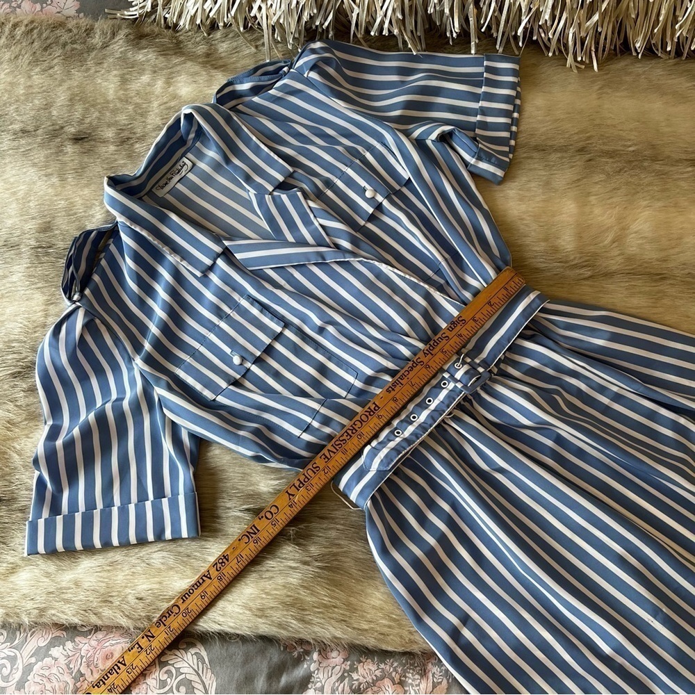 True 80sVintage DIANE VON FURSTENBERG Blue White Strips DVF Midi Wrap Dress 12 - Picture 5 of 17